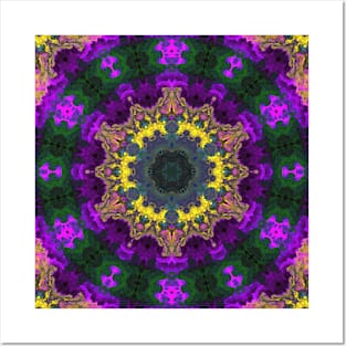 Psychedelic Kaleidoscope Yellow Purple and Green Posters and Art